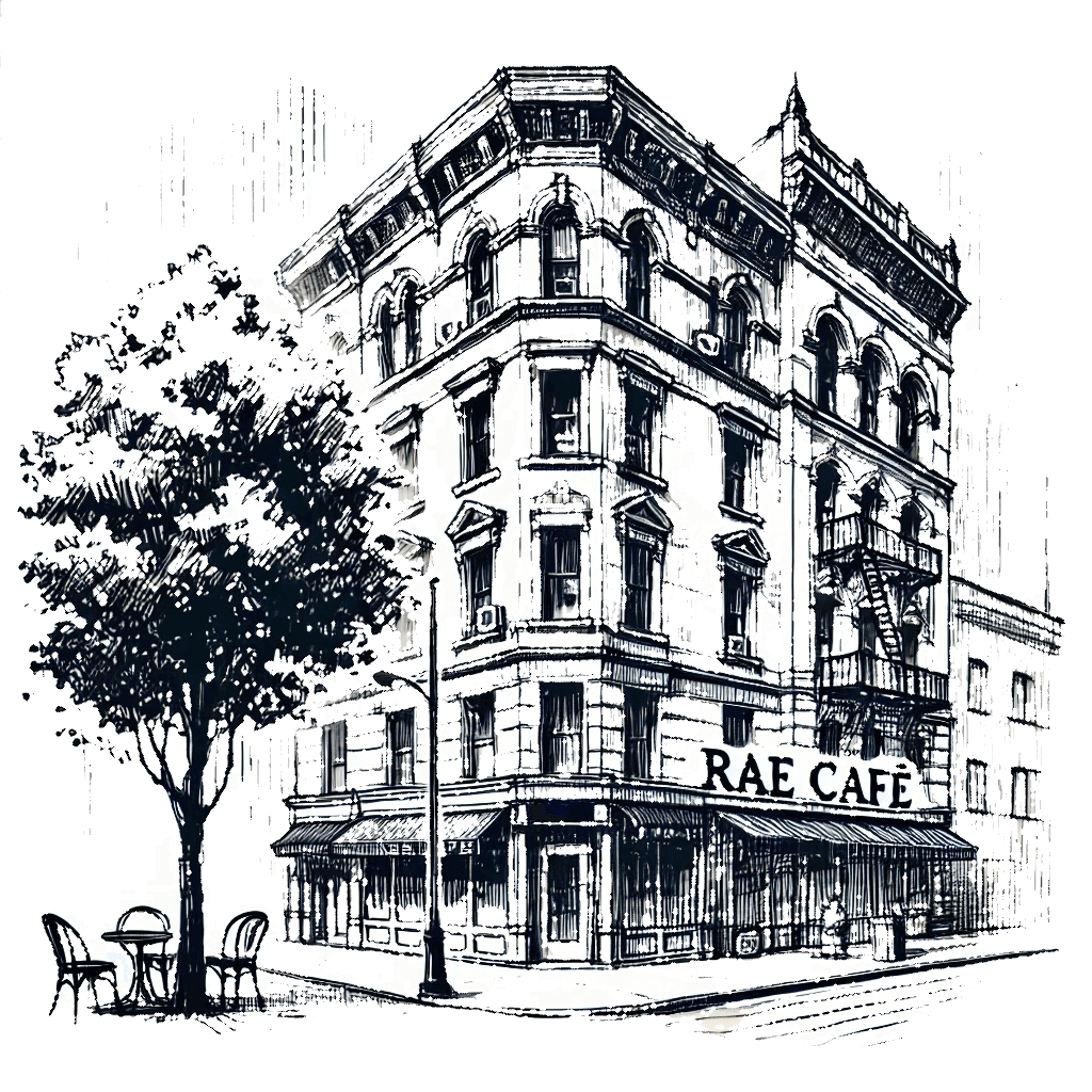 Rae Café — an illustration of a corner café building